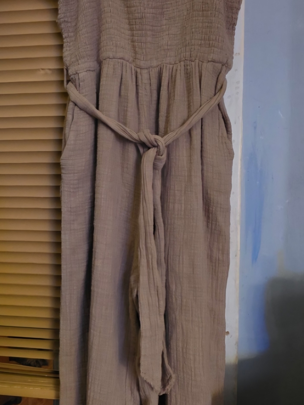 Loveriche Women’s Textured Waist-Tie Jumpsuit in Taupe Medium